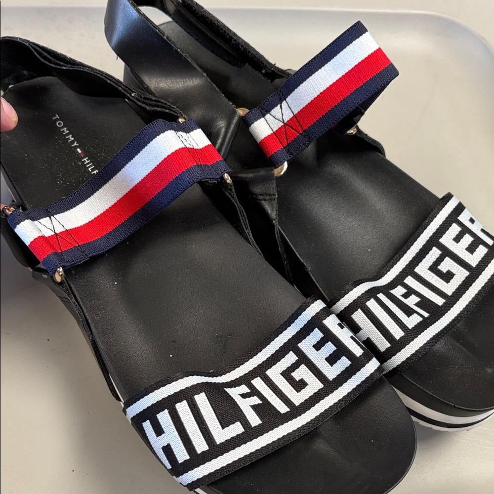 Tommy Hilfiger Black Bekett Sandals with Red, White, and Blue Straps